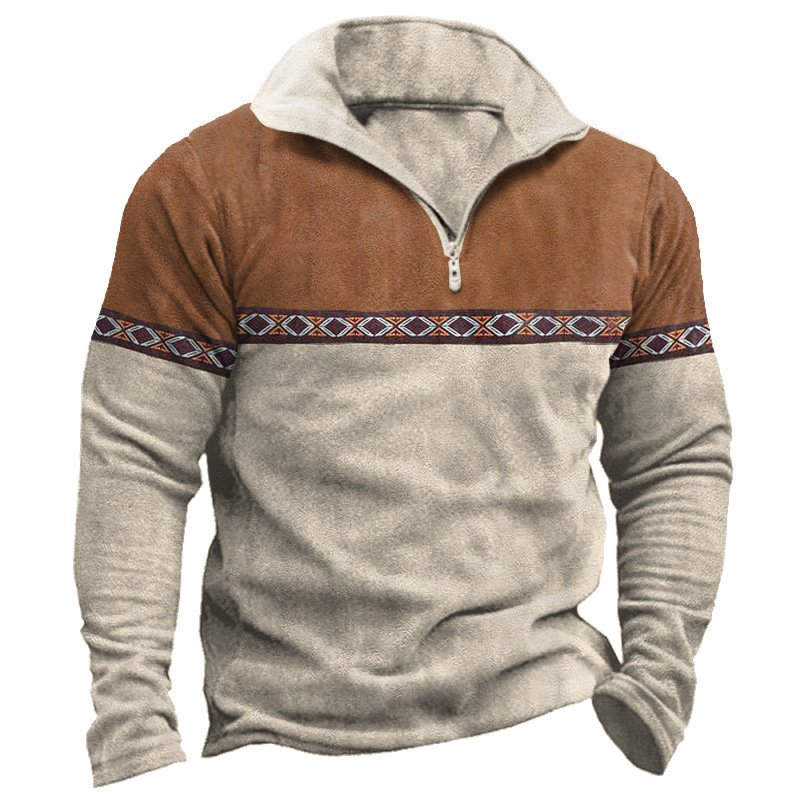 Retro Patchwork Polo Shirt Zipper Sweater Daily Outdoor Casual Top - Image 4