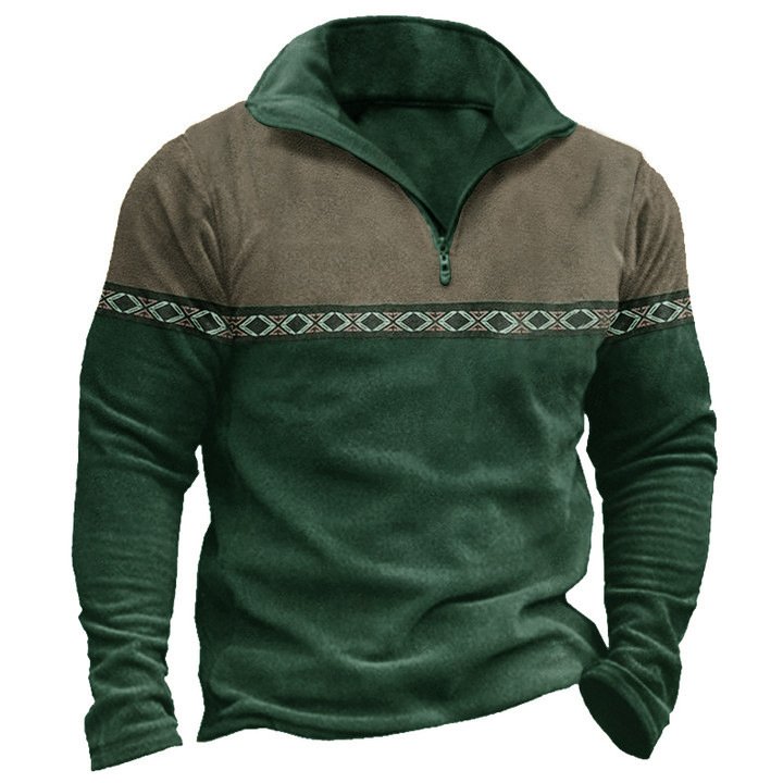 Retro Patchwork Polo Shirt Zipper Sweater Daily Outdoor Casual Top - Image 5