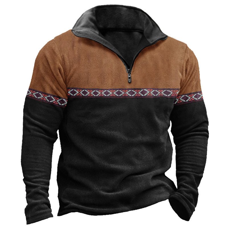 Retro Patchwork Polo Shirt Zipper Sweater Daily Outdoor Casual Top - Image 3