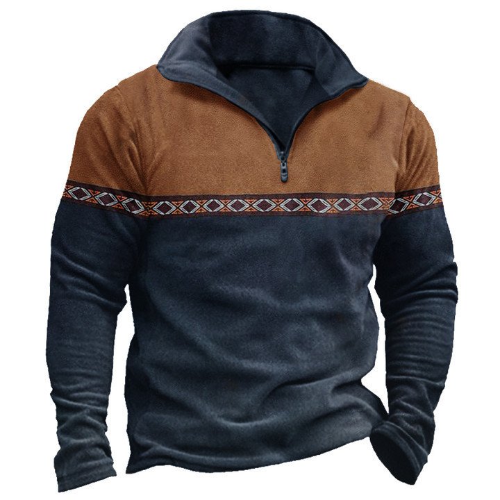 Retro Patchwork Polo Shirt Zipper Sweater Daily Outdoor Casual Top - Image 2